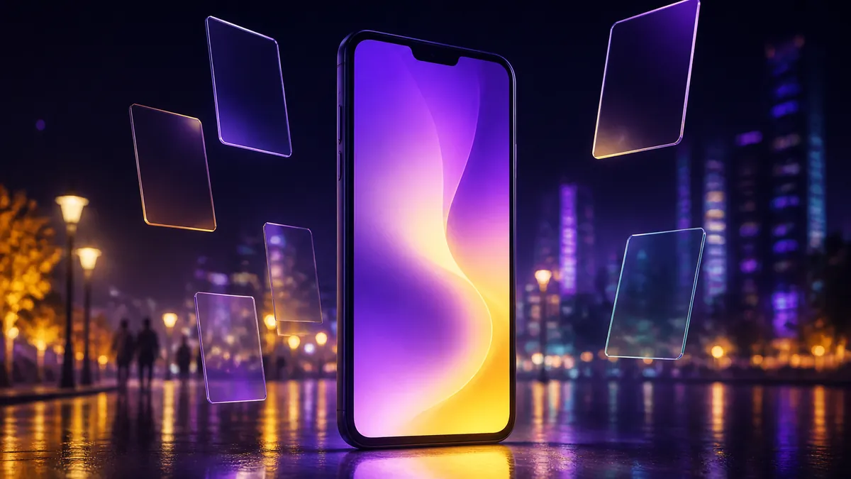 Smartphone lumineux posé sur une surface sombre, entouré de cartes de verre flottantes