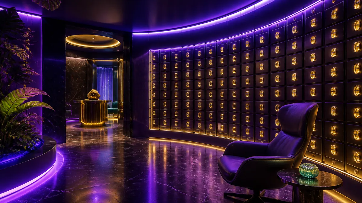 Salon futuriste aux casiers dorés éclairés de violet, image de l'espace personnel