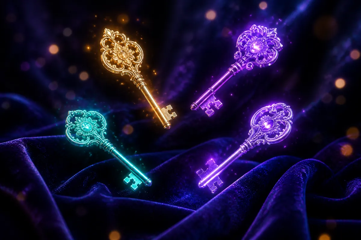 Quatre clés lumineuses dorée, violette et menthe posées sur du velours sombre