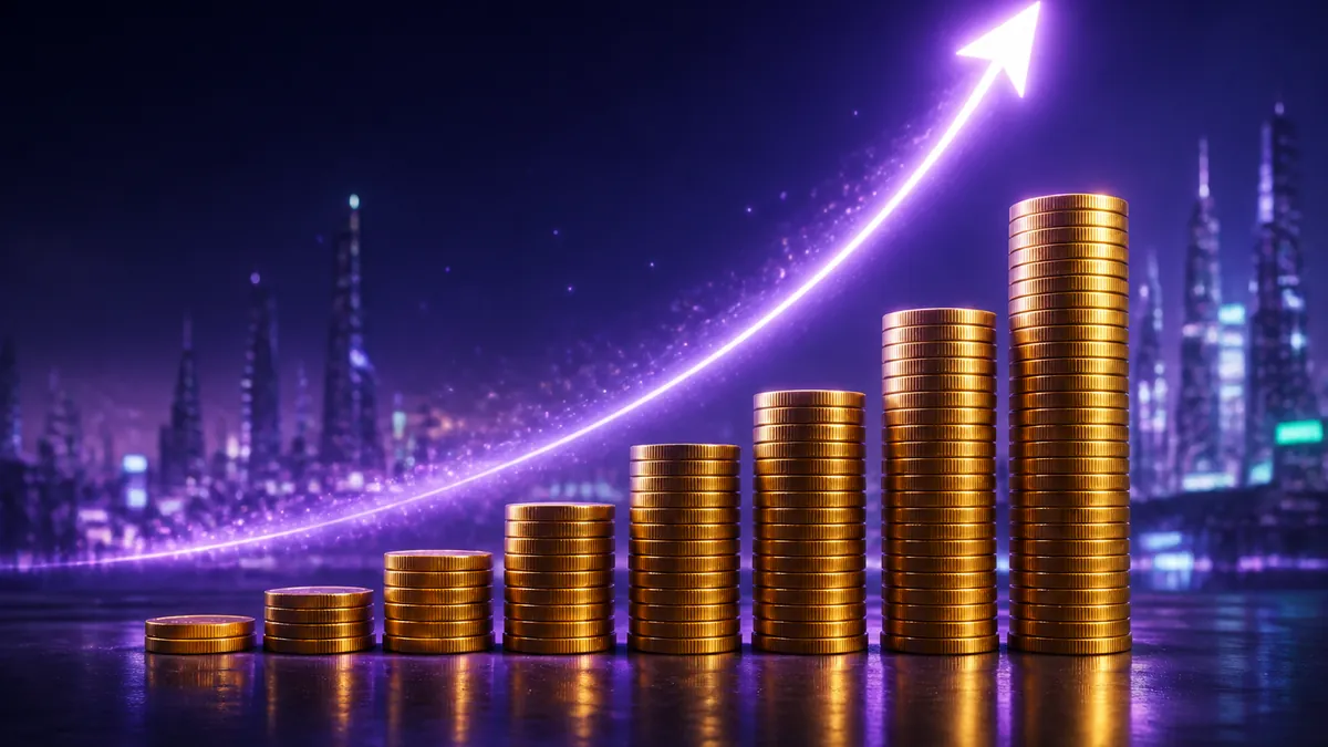 Piles de pièces dorées de plus en plus hautes avec une flèche lumineuse violette