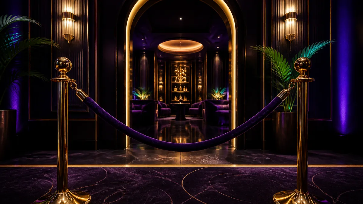 Entrée d'un salon privé avec cordon de velours violet et poteaux dorés
