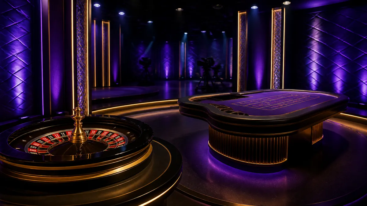 Studio de casino en direct vide avec roulette et table de blackjack sous les projecteurs violets