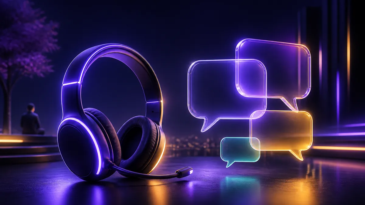 Casque audio lumineux et bulles de discussion en verre sur fond sombre
