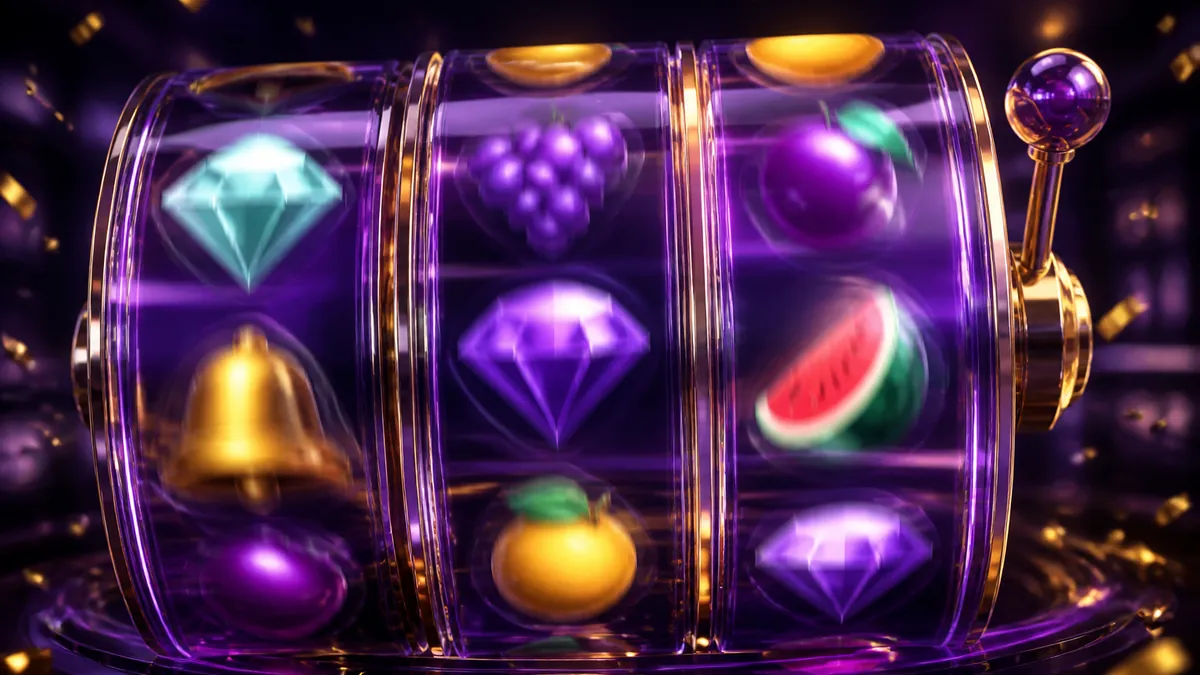 Rouleaux de machine à sous en verre violet avec fruits et gemmes en mouvement